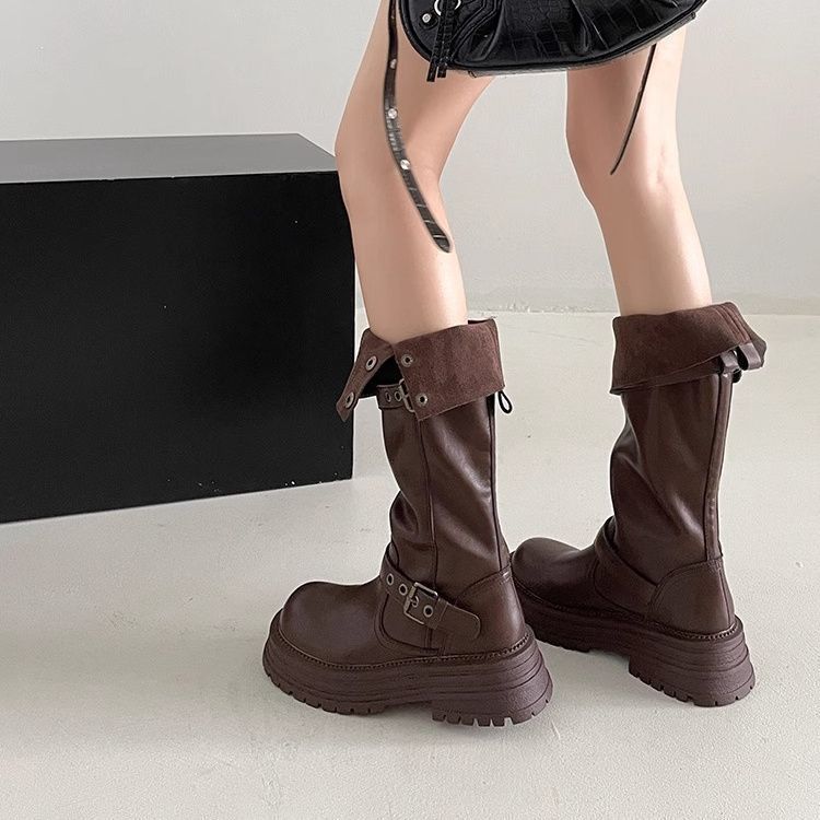 But knee boots women's 2025 autumn and winter new fashion knight boots retro platform versatile fashion Martin boots