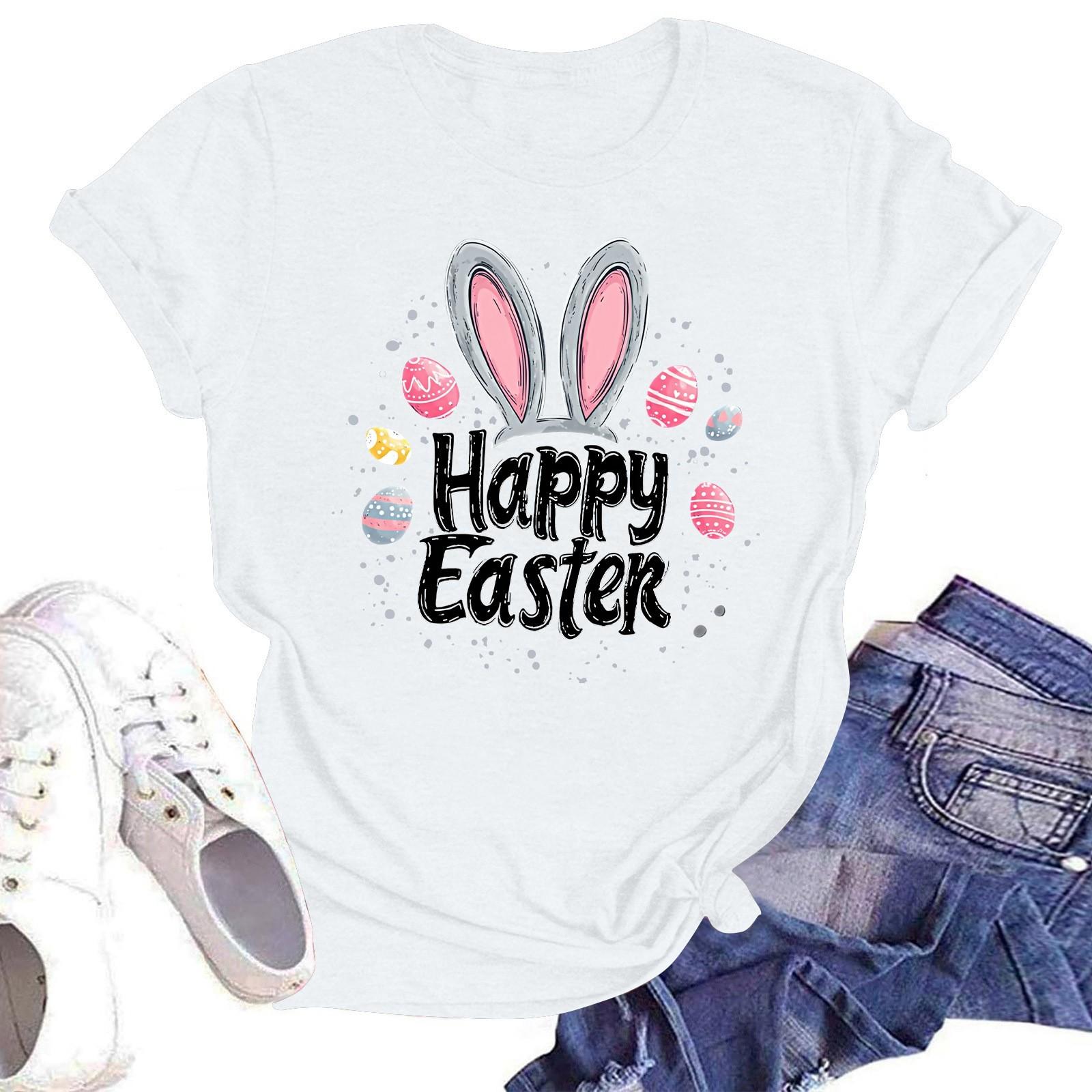 

З Великоднем Жіноча Мода Принтована Футболка з Круглим Вирізом та Коротким Рукавом Пуловер Топ XL білий