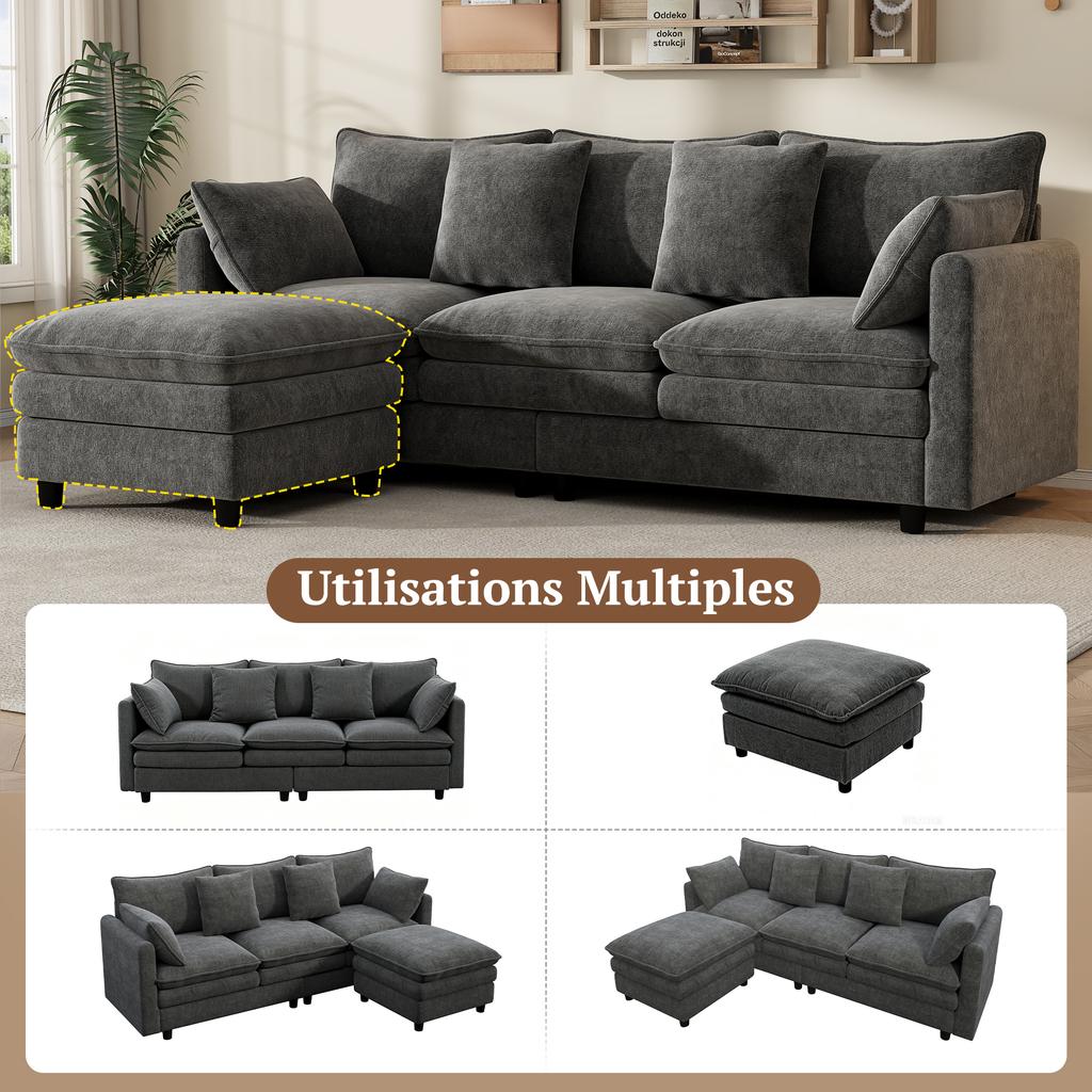 L-Shaped Corner Sofa with 4 Cushions and 3 Backrests, 3-Seater Sofa with Chaise Longue, Capacity up to 120 kg, Living Room Sofa 212×150×90 cm, Grey