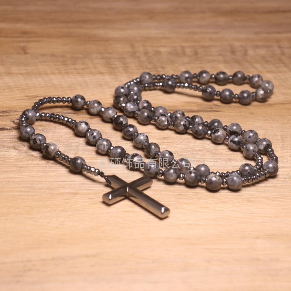 Collier pendentif croix en pierre naturelle, Croix en pierre d'œil de tigre et fer à bille chapelet collier pour homme
