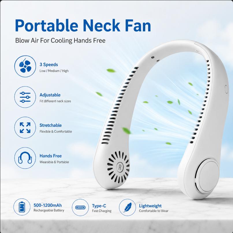 Cooling Neck Fan 3-Speed USB Rechargeable Bladeless Hands-Free Portable Lightweight Indoor Outdoor Birthday Summer Trave New