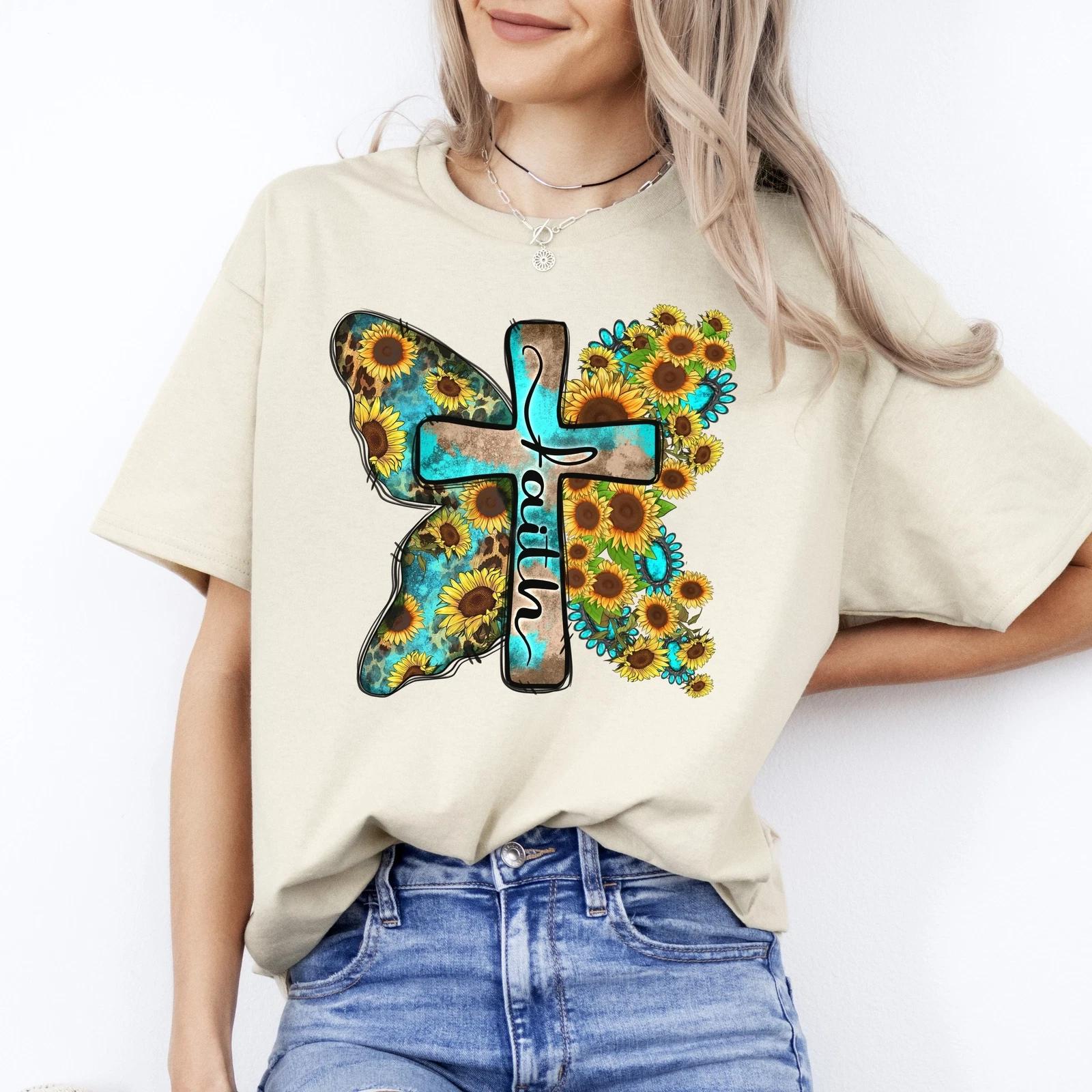 Faith sunflower cross T-Shirt Butterfly Christian faith cross Unisex Tee Sand Wh S