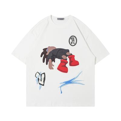 Anime Cartoon Printed Short Sleeved T-shirt for Men's Casual Pure Cotton Breathable Round Neck Five Quarter Sleeve T-shirt Instagram Street Trend
