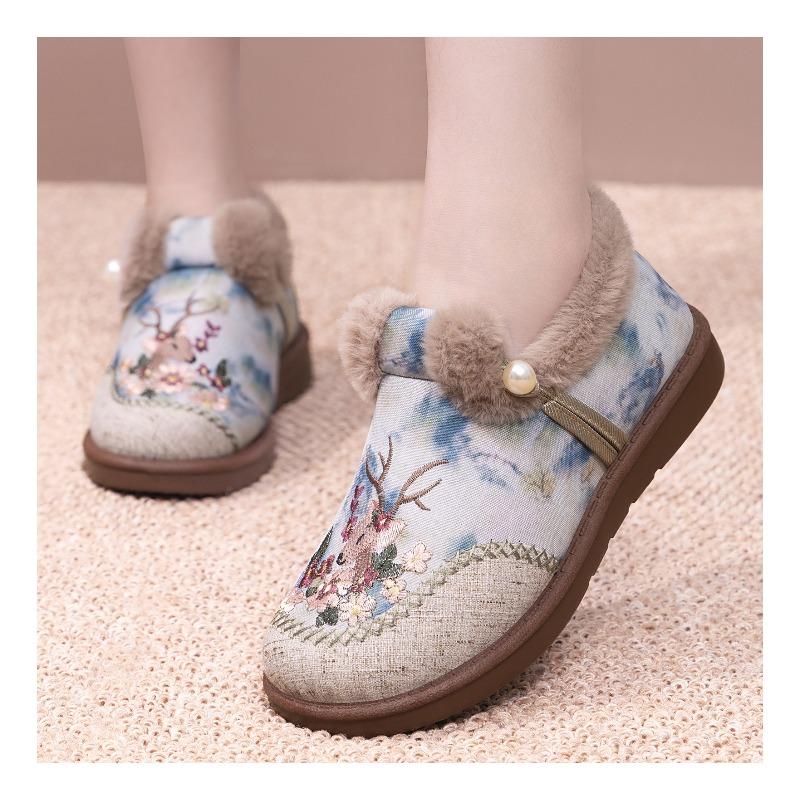 Cotton Shoes, Winter Women's Ethnic Style Women's Boots, Fashion Embroidered Boots, Warm and Comfortable Boots, One-foot Pumps