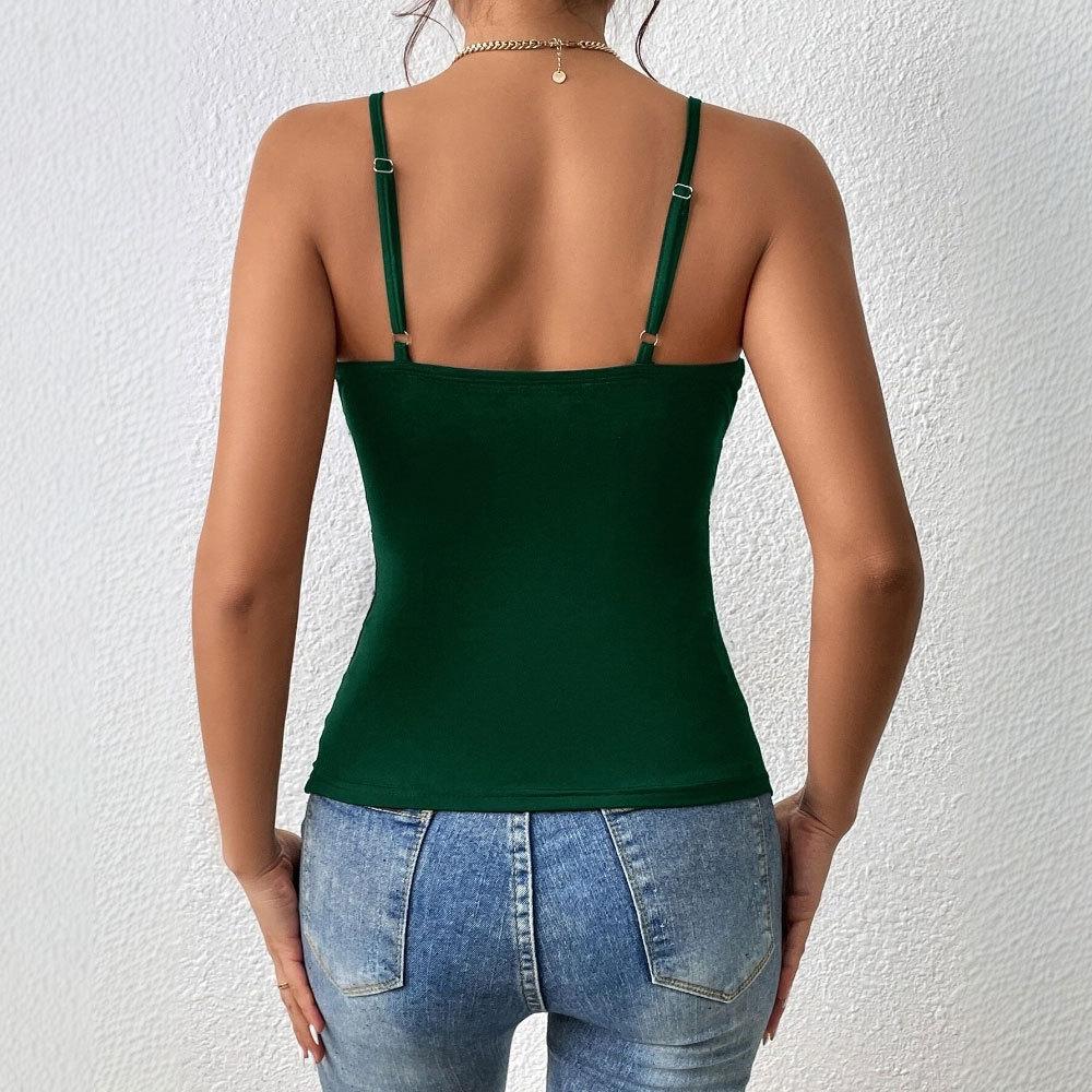 New Summer Women'S Clothing Green V-Neck Sling Vest European And American Sexy Niche Design Slim Temperament Top T-Shirt