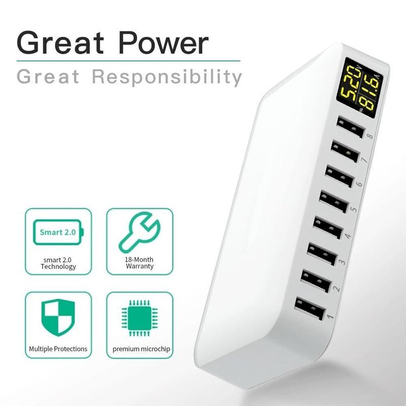 Multi 8 Port USB Fast Charger Desktop Phone Carregador LCD Display Charing station Dock HUB For Iphone 14 Samsung Xiaomi Tablet