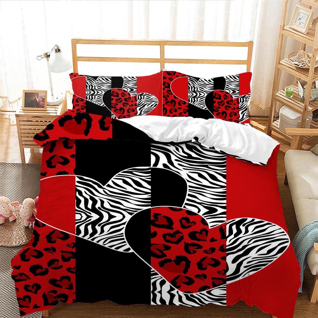 Red Hearts Soft Duvet Cover Set Quen Sized Dimensions, Red plus White Love Beding Set,Romantic Valentine Warm Comforter Cover Set,Couple Hearts Love