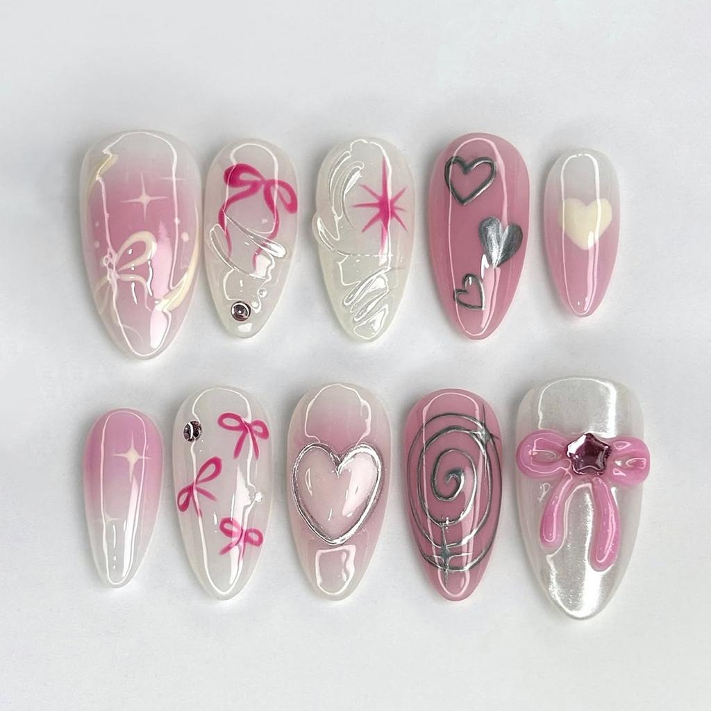 24PCS Dark Black Anime Nails Gothic Spiral Evil Eye Centipede Design Almond Press on Nails Horror Comic Gyaru Fake Nails Fashion