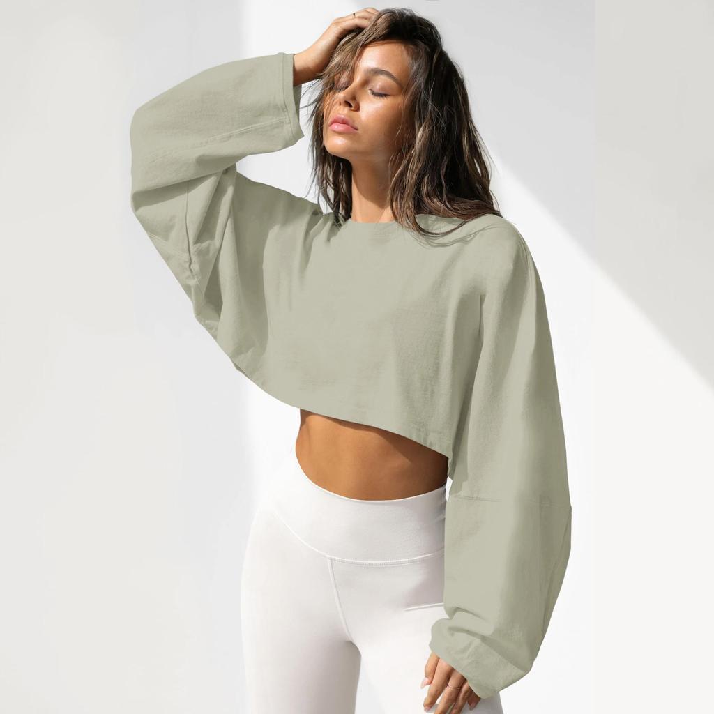 Round Neck Hoodie Women's Short Pullover Solid Sports Base Shirt Knitted T Shirt Loose Oversized Long Sleeve Top