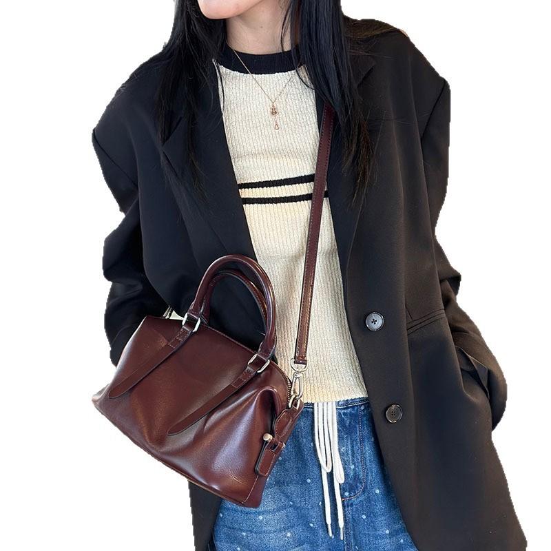Boston Leather European and American Retro High Single-shoulder Crossbody Handbag for Women
