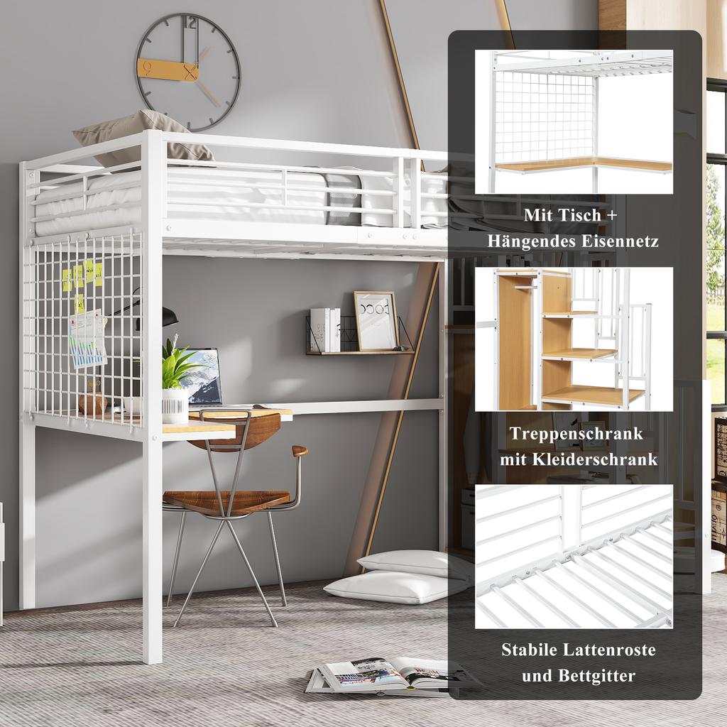 [32552890WAA] Iron Bunk Loft Bed, for Children and Teenagers, Table and Wardrobe, Side Ladder Handrail, Iron+Chipboard, White+Natural, 90x200cm