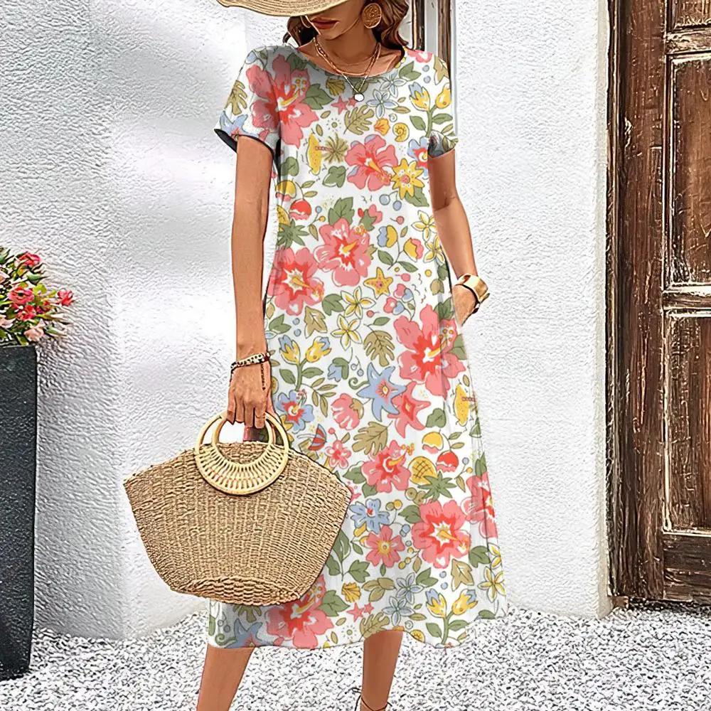

Элегантная женская одежда, платье с короткими рукавами, платья с раздавленными цветами, вечерняя одежда, летний пуловер с круглым вырезом, уличная одежда 3XL