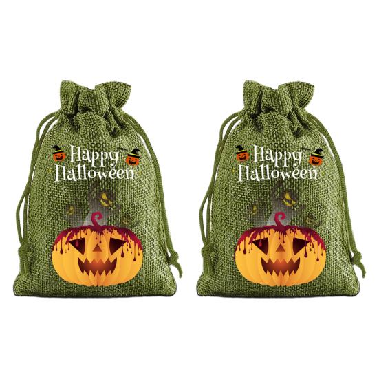 Handmade Style Party Bags 2Pcs Halloween Pumpkin Drawstring for Candy Treats, Retro Burlap Festival Totes Trick or Treat Bags, Portable Goodie