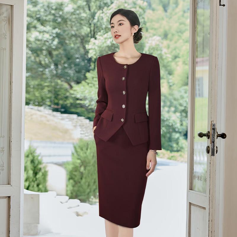 Elegant Women's Wine Red Suit Skirt Set