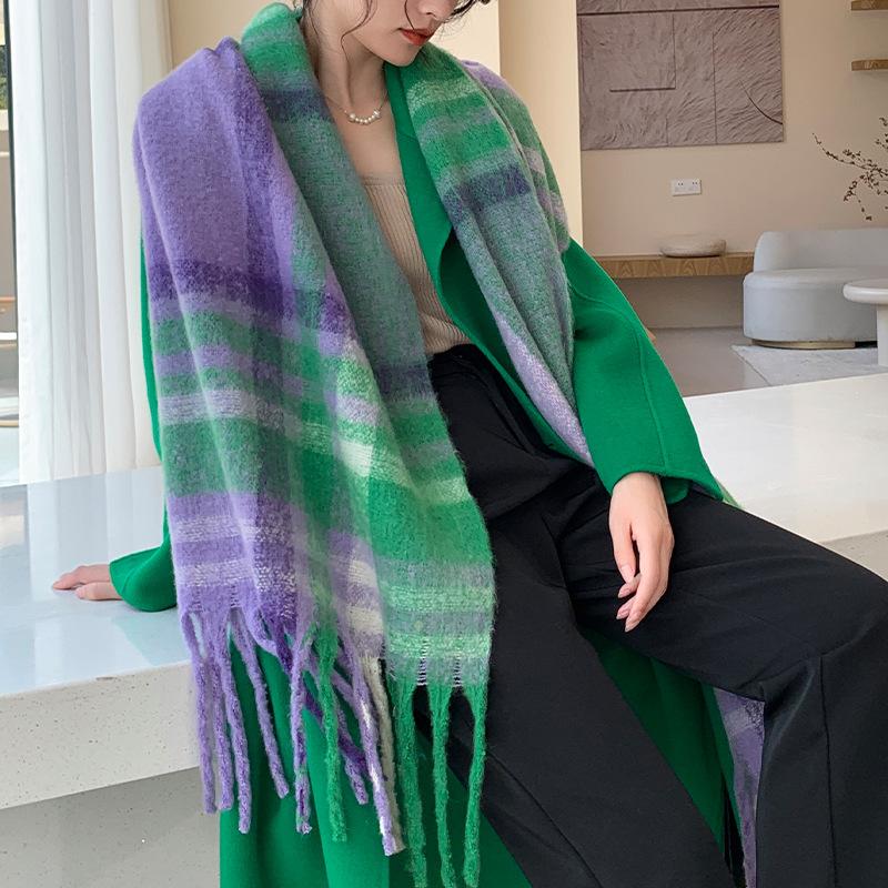 Winter New Scarf Women's Winter Thickened Warm Scarf Colored Plaid Fringed Scarf Shawl Fashionable Outer Cover