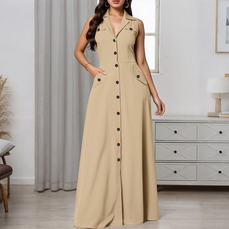 

ZANZEA Жіноча літня повсякденна сукня без рукавів з відкладним коміром 5XL хакі