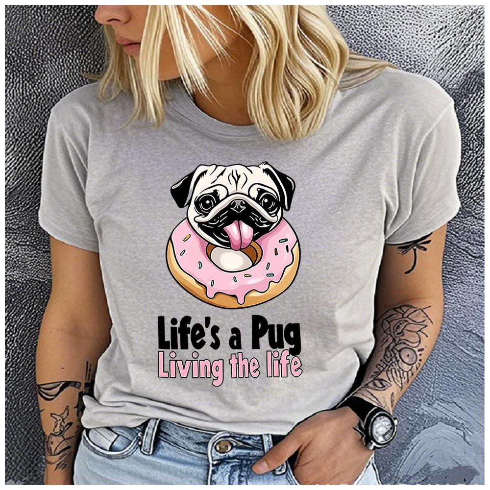 Cotton Lifes a Pug Living the Life Donut Pug Graphic Women TShirt Cute Dog Lover Casual Short Sleeve Tee