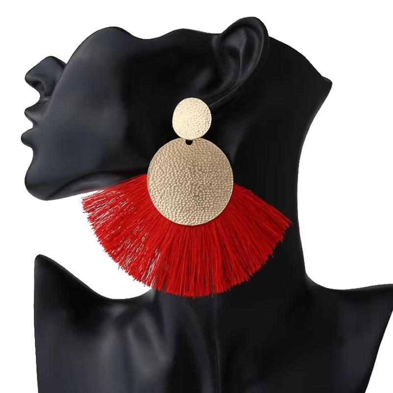 

новые европейские женские серьги с кисточками, преувеличенные ниточные серьги-подвески, ручная работа, дикие серьги-веера красный