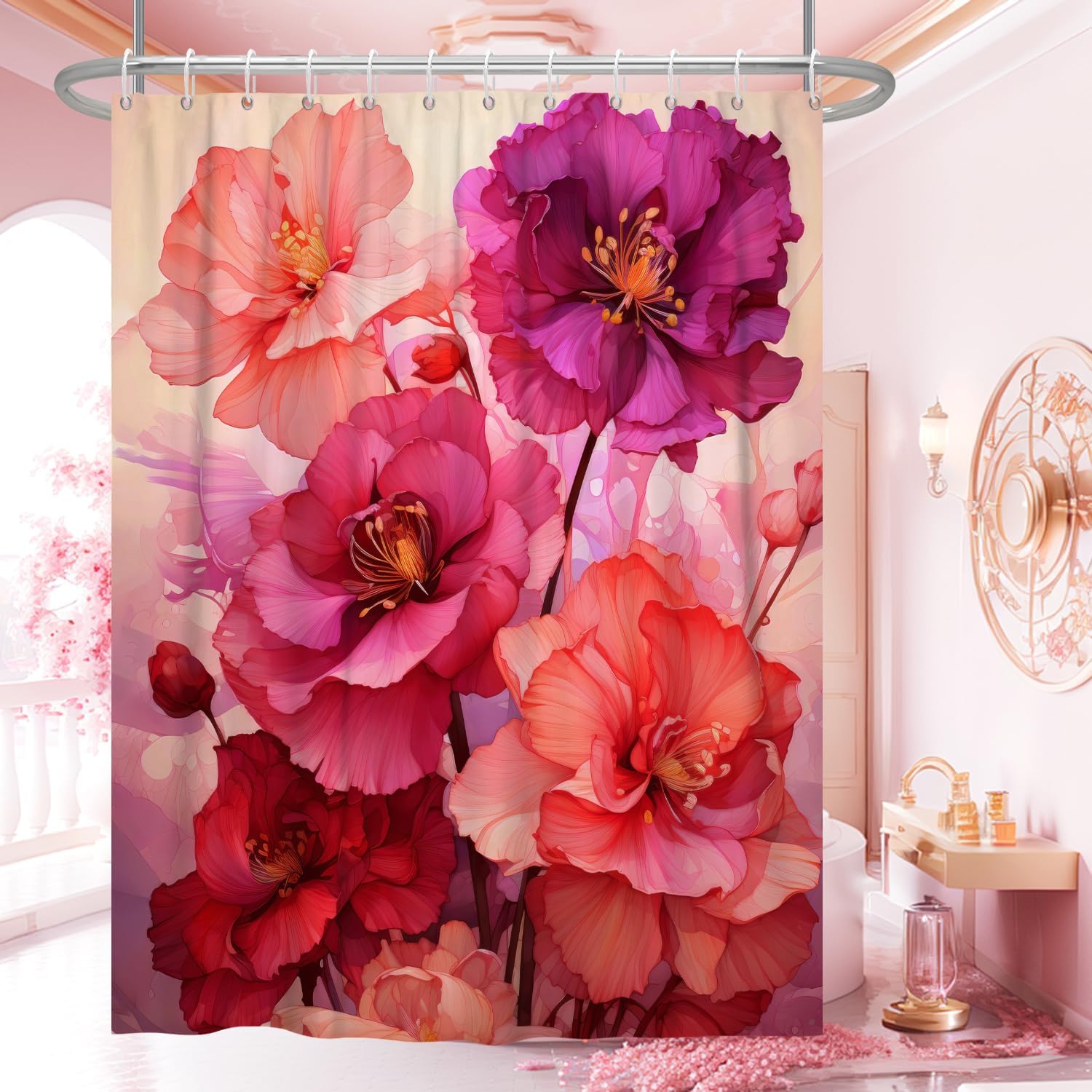 Red Shower Curtain for Bathroom Hot Pink Floral Shower Curtain Set with Hooks Abstract Coral Flowers Bathtub Decor Waterproof Fa