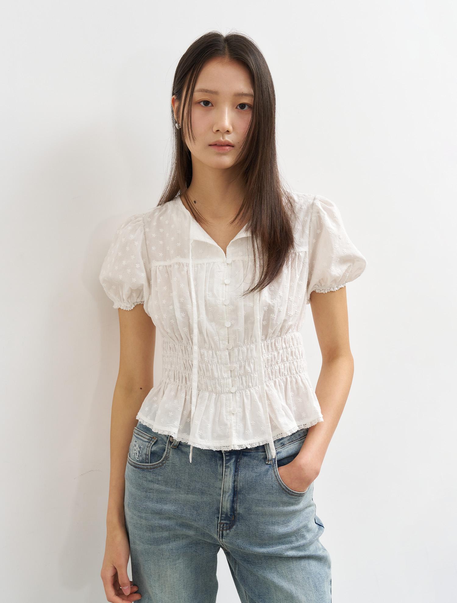 General Idea Flower Shirred Puff Blouse [White] / Wbe2L03524 White/M