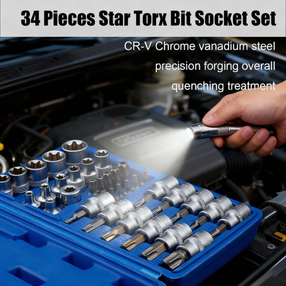 34-teiliges Torx-Bit und E-Torx-Stern-Steckschlüssel-Set, Cr-V E4-20, T10-T60, Manipulationssicher T10-T55, Adapter Mit Aufbewahrungskoffer