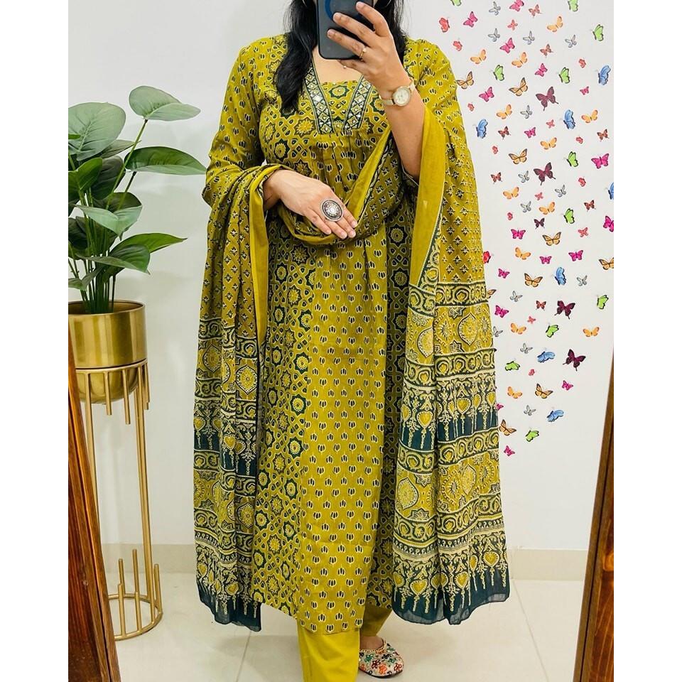 Wunderschönes Designer Baumwoll Kurti Hose Dupatta Set Indische Frauen Salwar Kameez VF-20254a