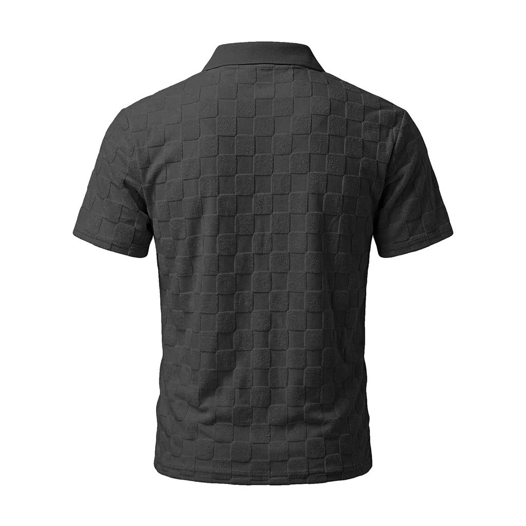 Men's Summer Jacquard Polo Shirt Heavyweight Casual Short Sleeve T Shirt with Checkered Pattern and Classic Collar Design
