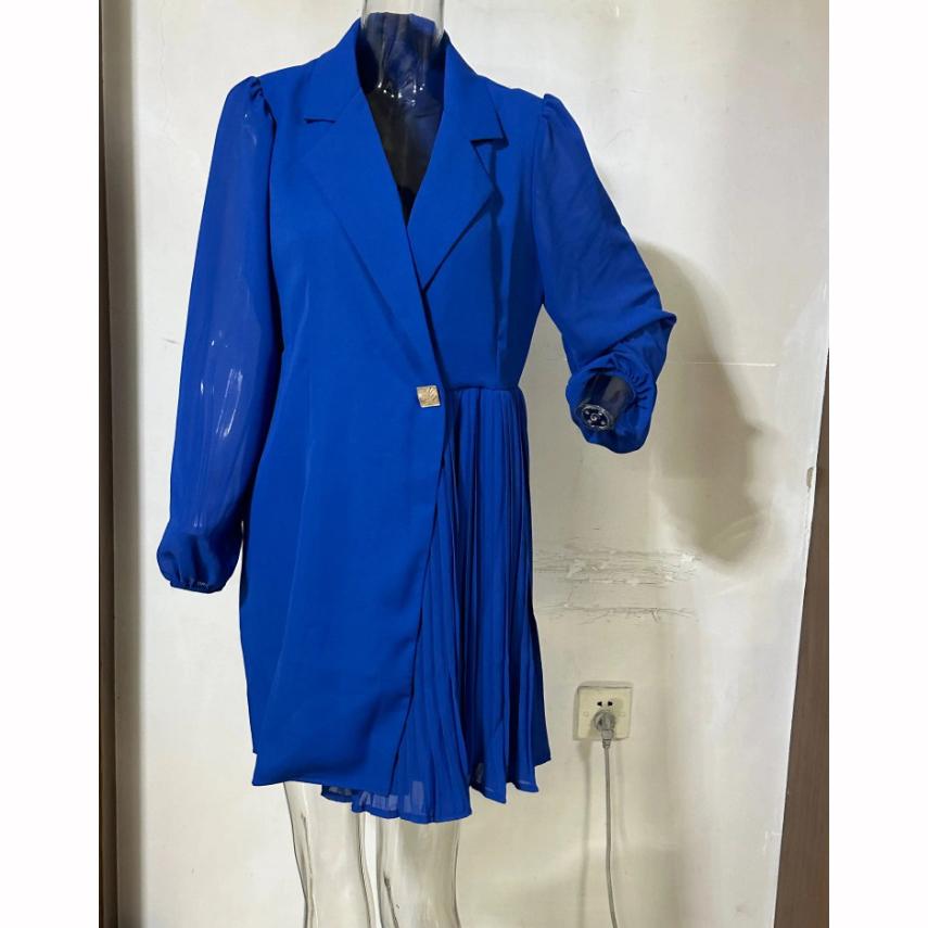 Spring Autumn European American Lapel Solid Color High End Temperament Pleated Design Long Skirt