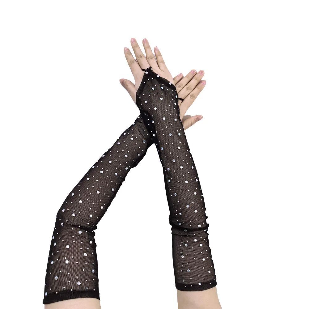 1 Pair Breathable Fingerless Gloves Rhinestone Sunscreen Arm Sleeves Long Elegance Mitten  Women
