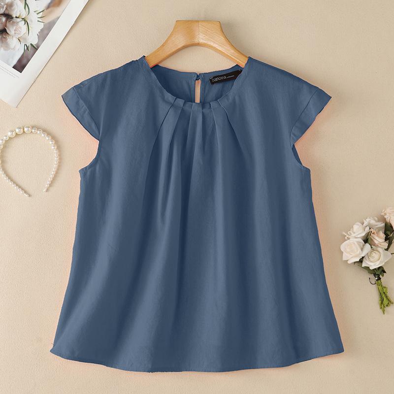 ZANZEA Women Casual Round Neck Solid Color Short Sleeve Cotton Blouse