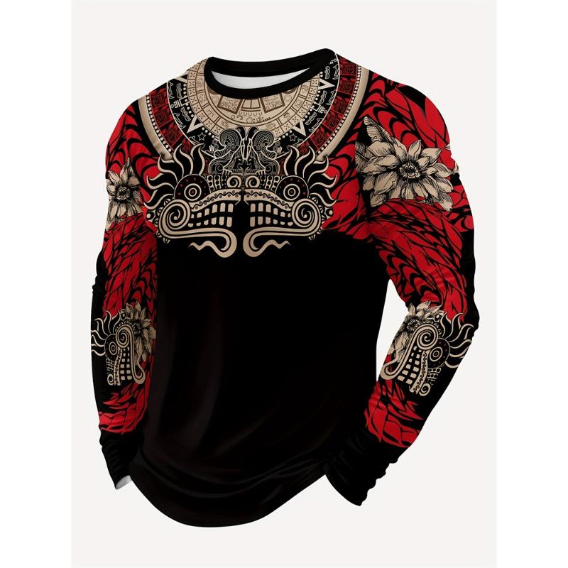 Retro Ethnischer Druck Herren Langarm T-Shirt Frühling Und Sommer Herren Rundhals Atmungsaktiv Langarm Outdoor Sport Tops