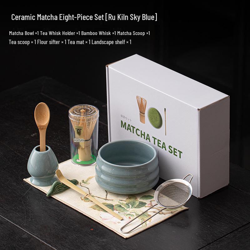 Japanese Ceramic Matcha Tea Set: Large Bowl, Whisk, Sieve, and Bamboo Whisk - 8 Pieces