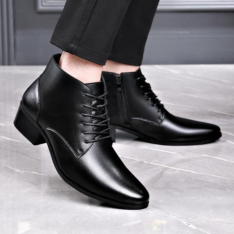 Men's Winter Pointed Toe Leather Chelsea Boots with Velvet, Lace-up Roman Style, High Heel Martin Design