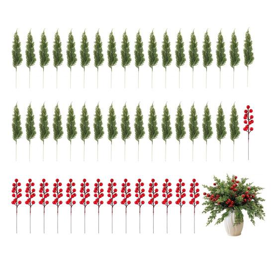 50 Pcs Christmas Artificial Picks Fake Greenery Pine Branches Faux Red Berry Stems for DIY Christmas Garland Wreath Flower Arrangement Decoration