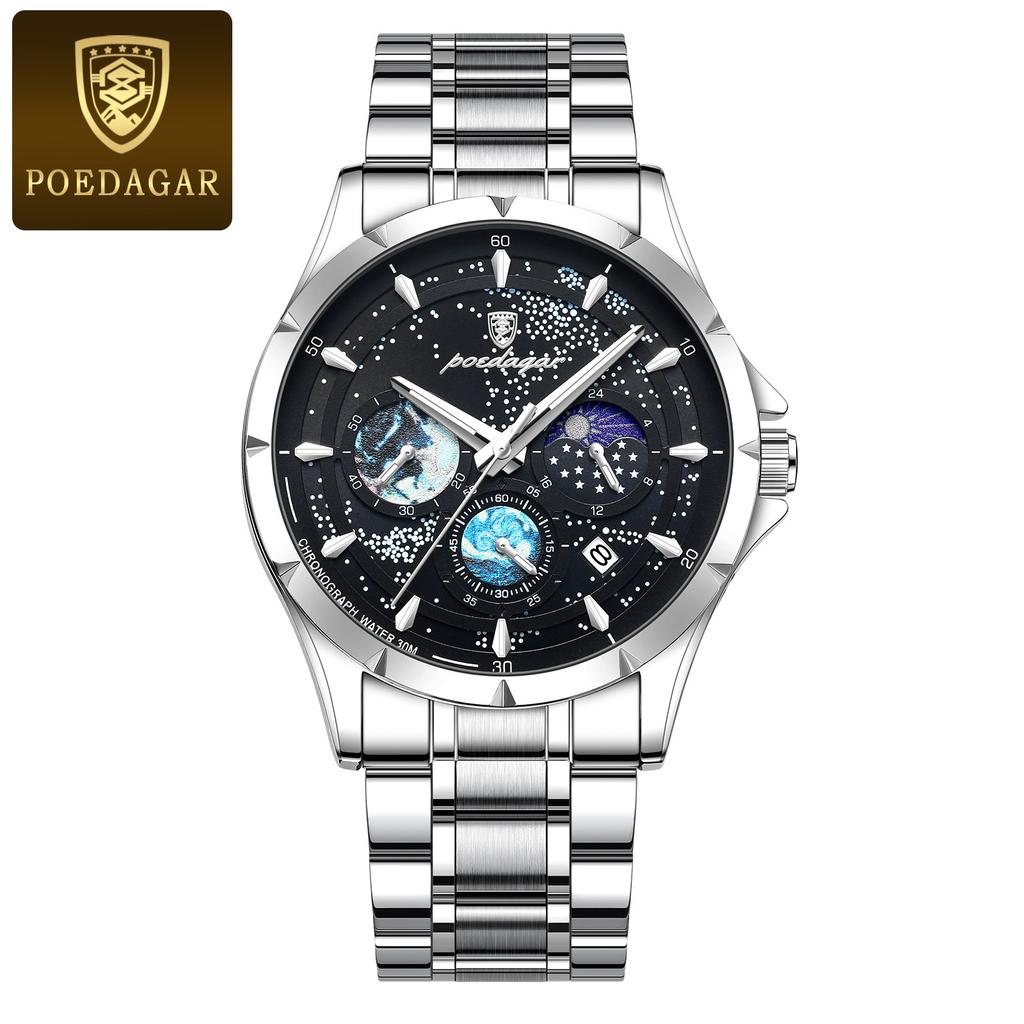 POEDAGAR Luxusní pánské náramkové hodinky Luminiscenční Vodotěsné Chronograf Datum Pánské hodinky Nerezová ocel/Kožený řemínek Pánské křemenné hodinky