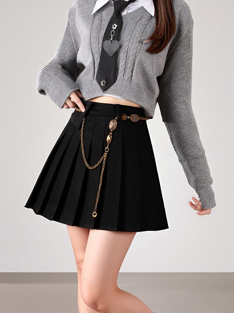 2025 Slimming Woolen Pleated Half Skirt with Waist Chain