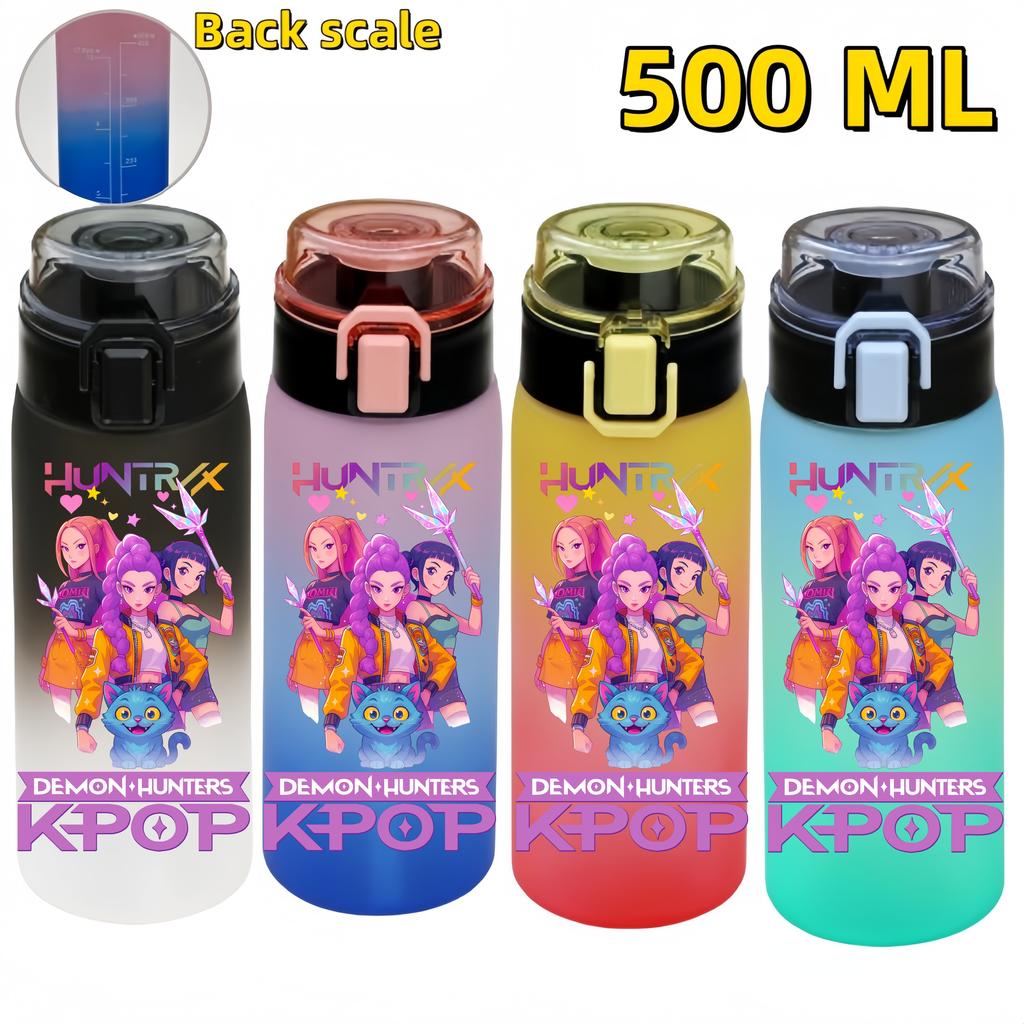 KPop Demon Hunters Sports Water Bottle Portable Leak Proof Plastic Cup Level Line Outdoor Fitness 500ML with for Kid Friendly Entertaining Fun Play