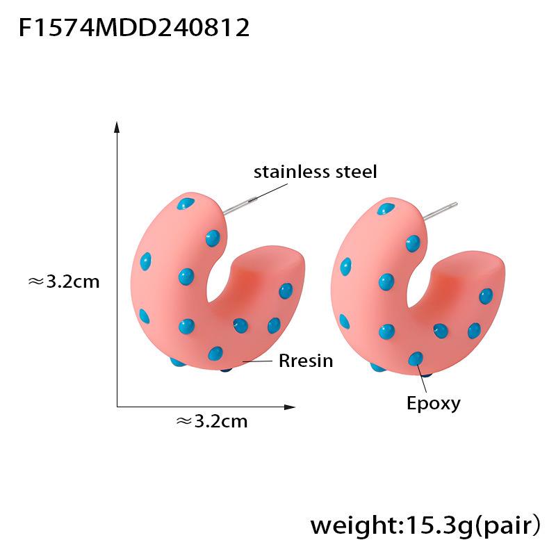 Eco-Friendly Resin Polka Dot C-Shaped Earrings - Trendy Pastoral Style with Stainless Steel, European & American Jewelry.