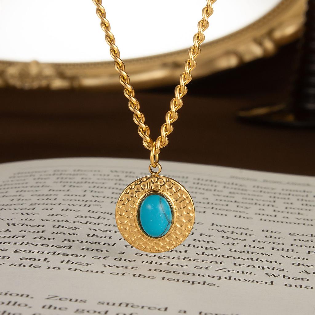 Simple Stainless Steel Round Irregular Turquoise Pendant Style Fashion Titanium Steel Necklace Women