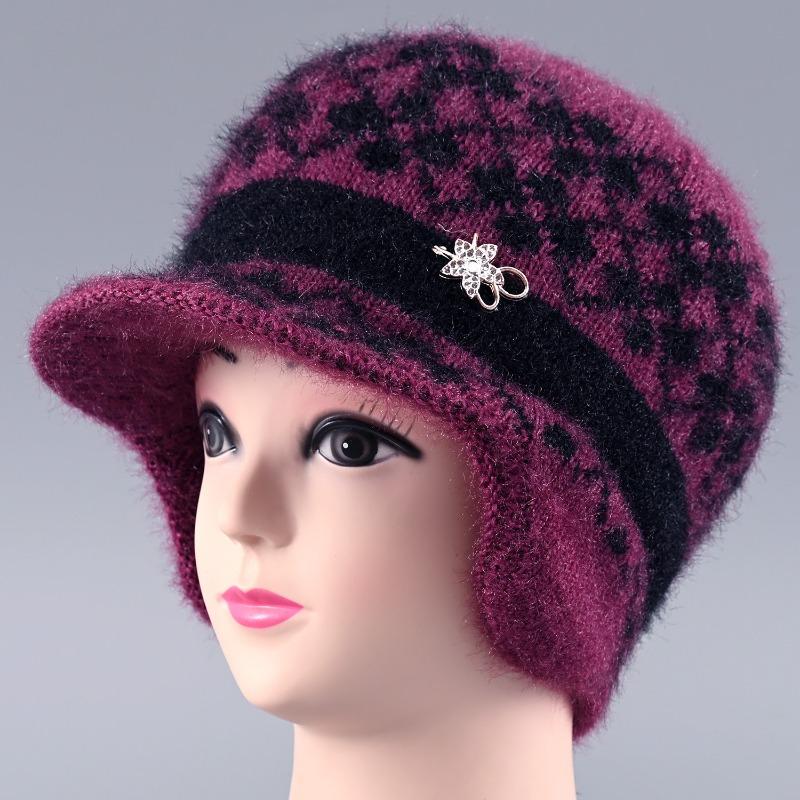 

Шапка Женская Зимняя Кроличий Мех Теплая Шерстяная Шапка Пожилая Женщина Защита от Холода Защита Ушей Вязаная Шапка [good quality] velvet.