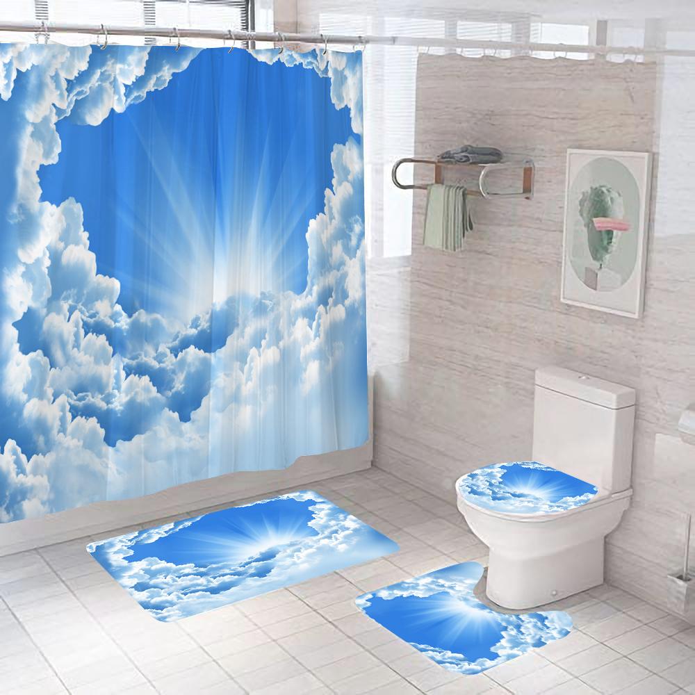 

Sunny Blue Sky Clouds Scenery Shower Curtain Sets Non-Slip Rugs Bath Mat Toilet Lid Cover Waterproof Polyester Bathroom Decor W60H190(CM)-1 Pcs