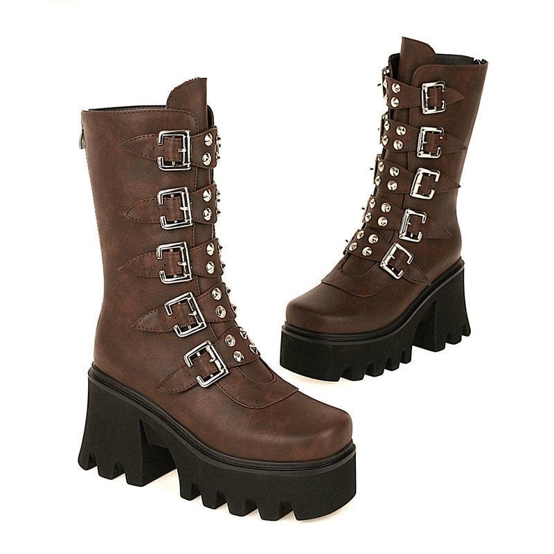 Projektowe Botki Damskie Gotyckie Buty Platforma Wysokie Buty Punkowe Czarne Seksowne Damskie Buty Motocyklowe Halloween Cosplay Damskie Buty