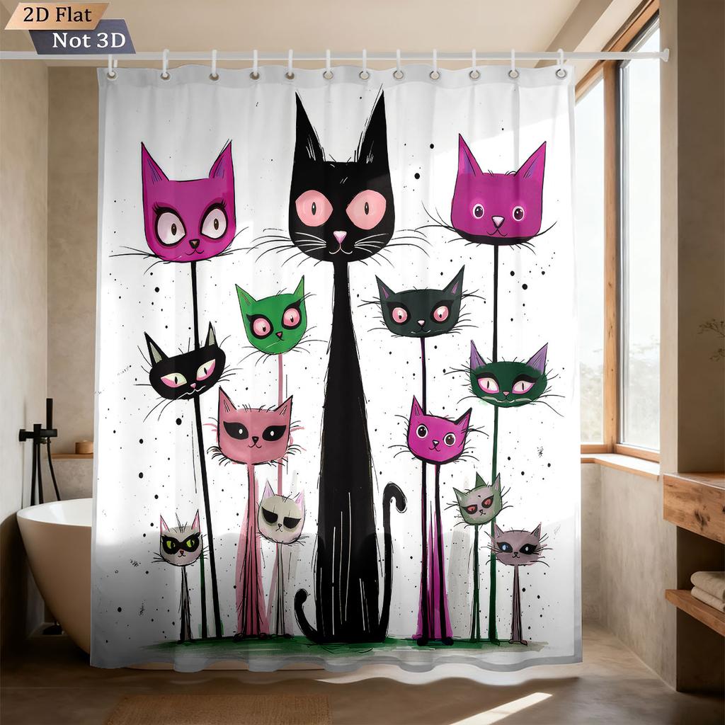 1Pc Color Cartoon Cat Print Waterproof Shower Curtain Partition Privacy Hanging Curtain, With 12 Hooks, Multiple Sizes