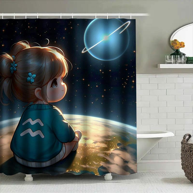 Cute Cartoon Girl Shower Curtain - Space Adventure Design, Waterproof & Mildew-Resistant for Kids' Bathroom Decor, Perfect Gift