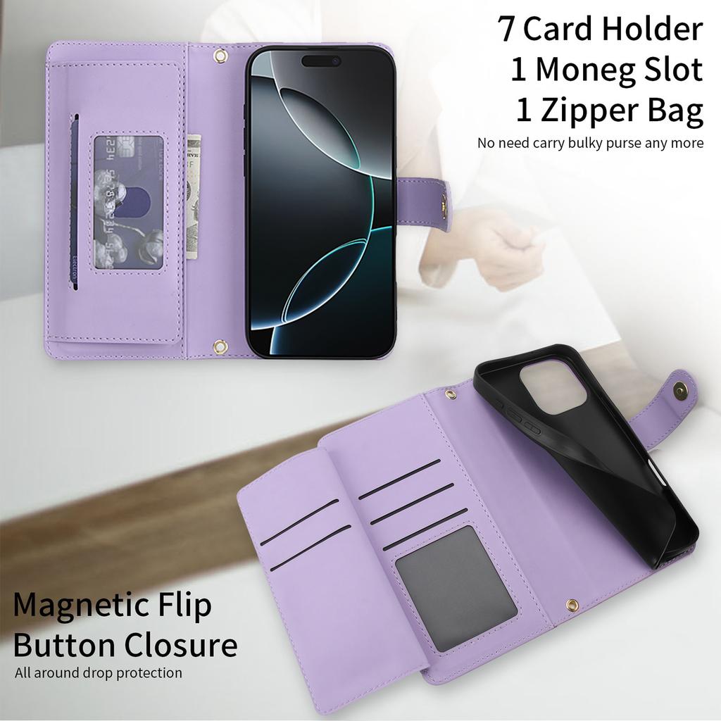 Zipper Leather Wallet Flip Case For iPhone 17 Pro Max 16 15 14 13 12 11 16E 16Plus Luxury RFID Stand Book Long Lanyard Bag Cover