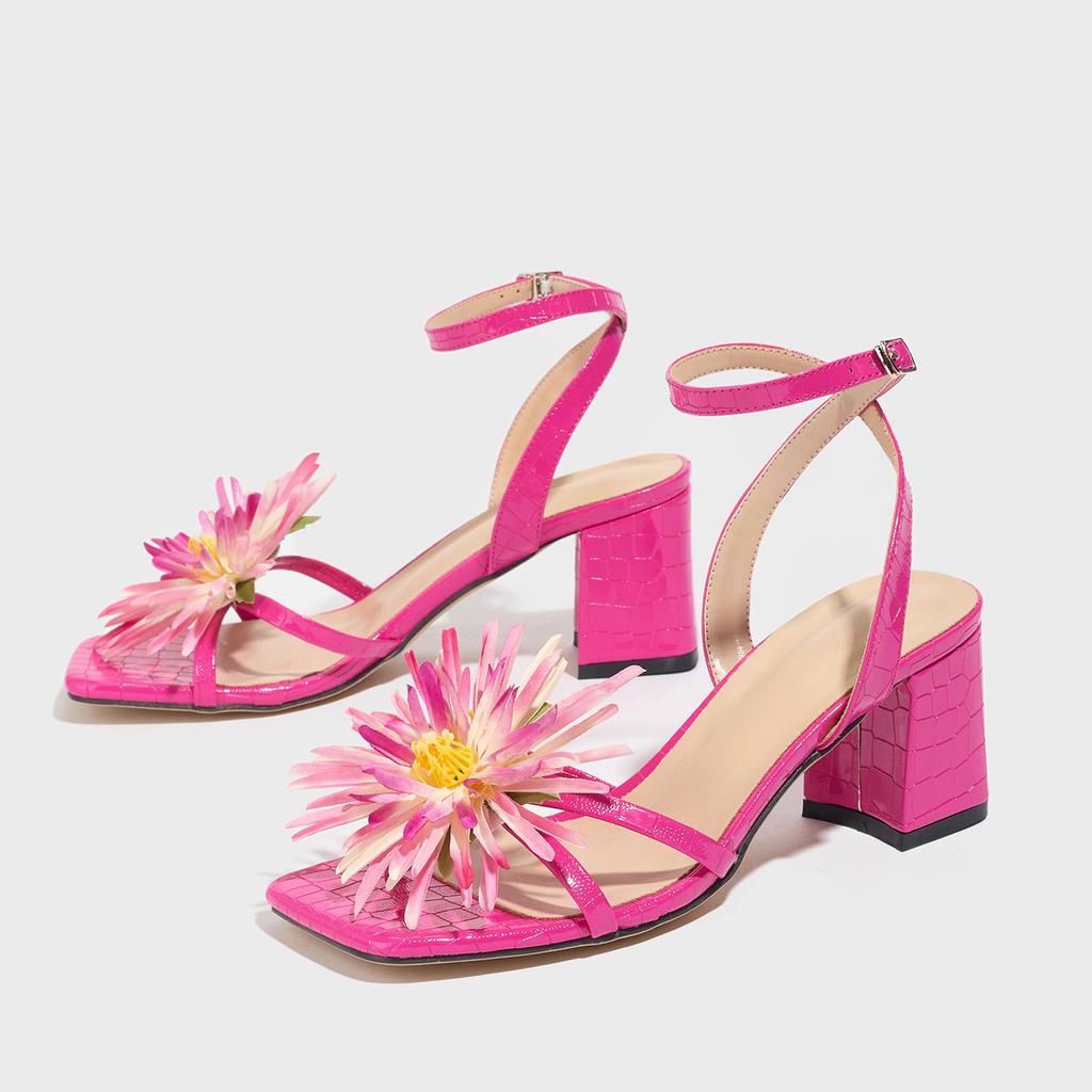 Women's square head three-dimensional flower thick heel sandals women's shoes elegant gorgeous fashion rose red high heels
