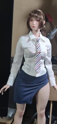 Scale Action Figure GS Style Compatible with TBLeague OL Office Lady Secretary Long Sleeve White Shirt and Tie and Blue Shot Side Slit Skirt Set Head
