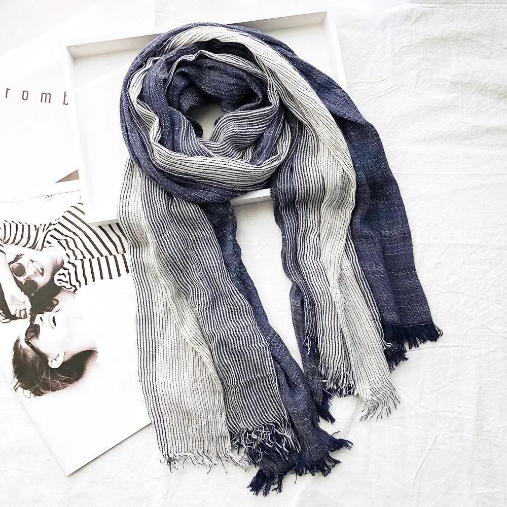 New 190*80cm Artistic Style Striped Cotton Linen Scarf Shawl Men's and Women's Same Style Mori Foulard En Mousseline Scarves