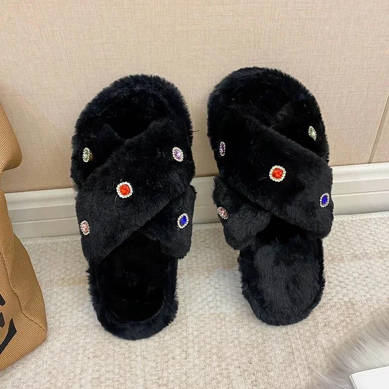 Sweet Warm Plush Slippers Women Slides Flat Low Heels Women Shoes Bling Crystal Shine Fluffy Fur Slippers Shoes 36 чёрный 1255₽