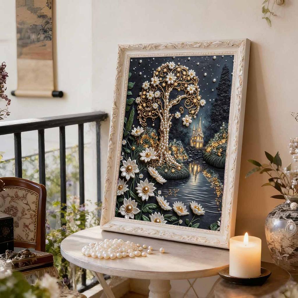 5D DIY Frameless Pearl Painting Trees and Flowers Pattern Painting Kit Suitable for Home Living Room Bedroom and Other Wall Decoration Art Paintings